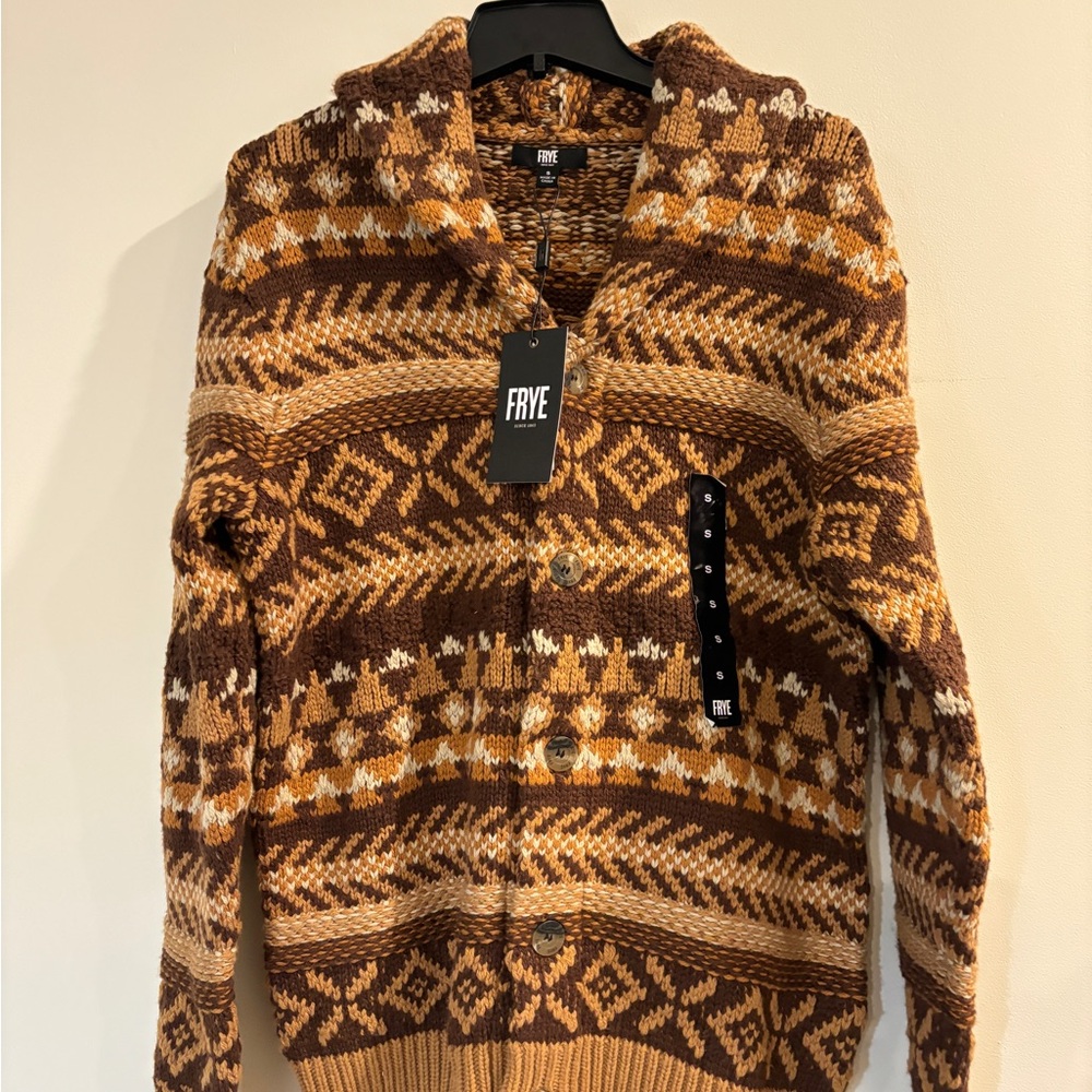 FRYE Men's Tan and Brown Cardigan Sweater